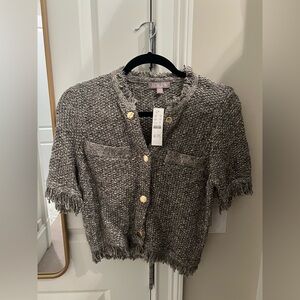 J. Crew Cropped fringe-trim lady jacket in marled yarn